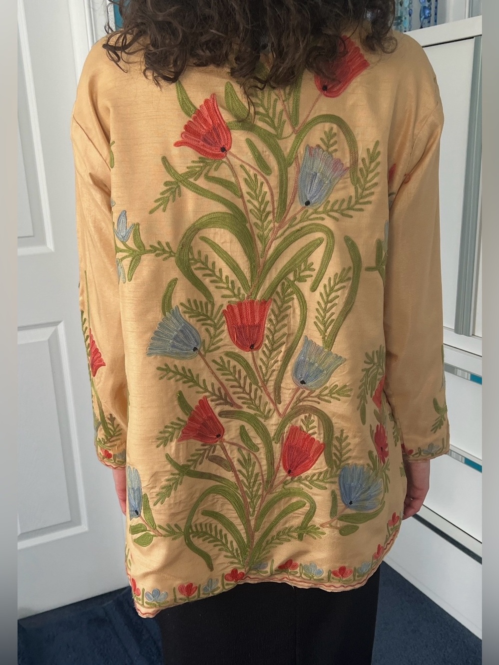 Soft Yellow Embroidered Long Tunic • Raw Silk Look & Feel • Red Blue Poppies - Picture 3 of 12